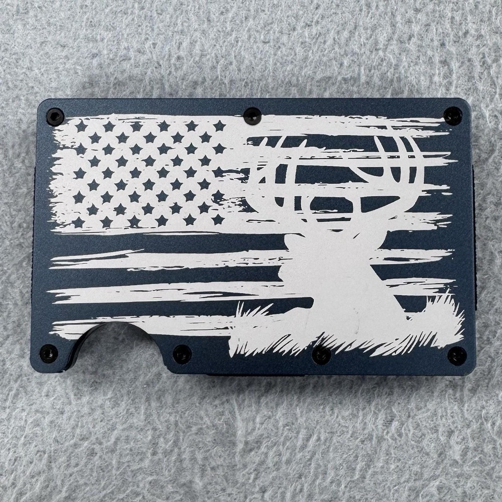 Mens Minimalist Metal Wallet American Flag Deer Buck Money Clip RFID Blue